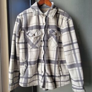 Sage Women S/CH Plaid Super Plush Sherpa Lined Fleece Shirt Jacket White Gray
